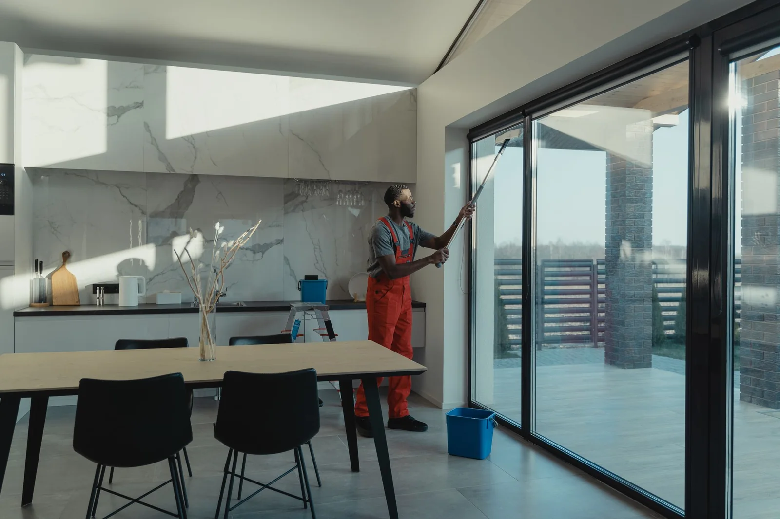 Cleaner working on floor-to-ceiling windows in a bright open interior
